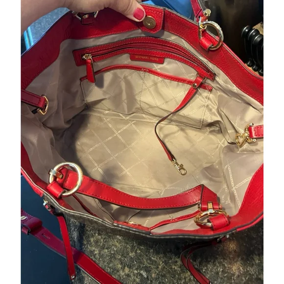 MICHAEL KORS Brooklyn Large Logo and Pebbled Leather Tote Bag Red/Brown - Picture 8 of 11